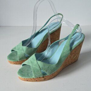 NEW BODEN | Oprn Toe Cork Wedges Green Suede Slingback Sz 41